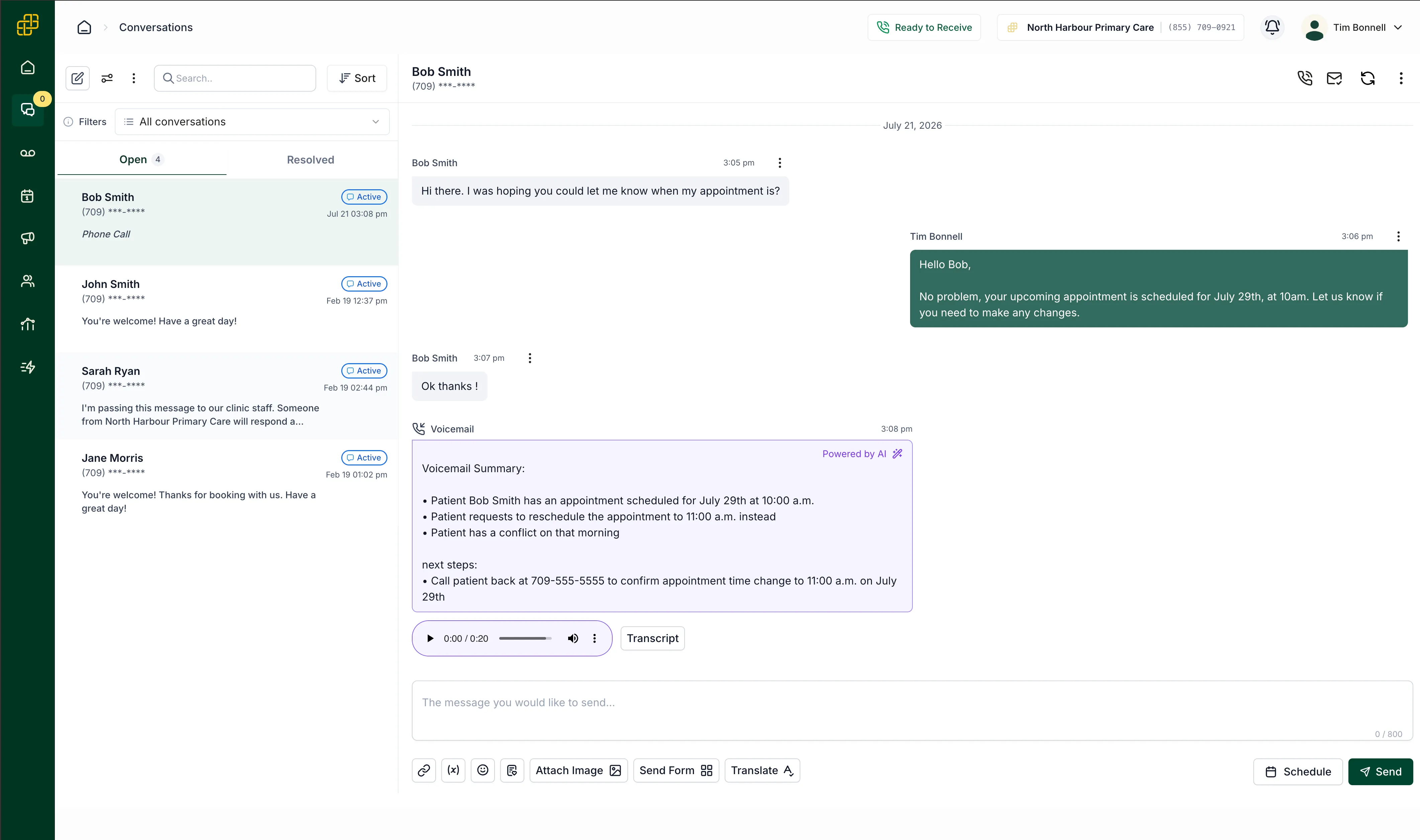 Carrick unified inbox showing patient messages, a voicemail, an AI-generated summary, and transcript controls