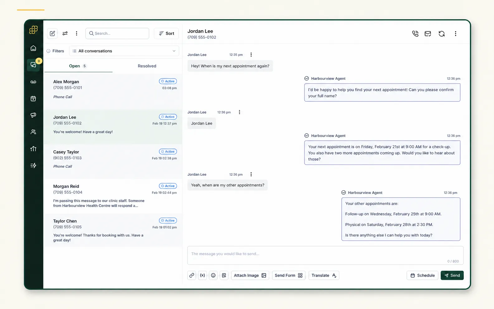 Carrick unified inbox showing a patient asking about upcoming appointments and receiving responses in the same thread