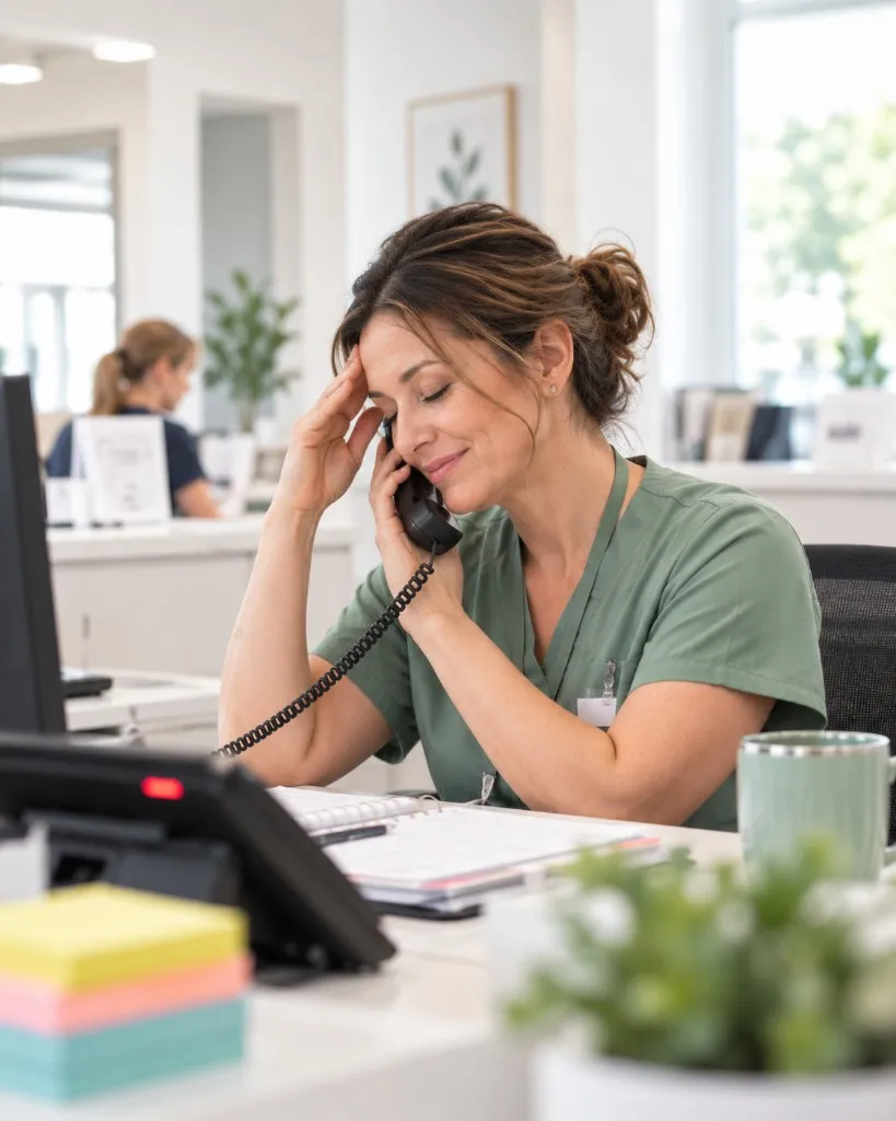 A screening clerk at a busy front desk with a phone to her ear