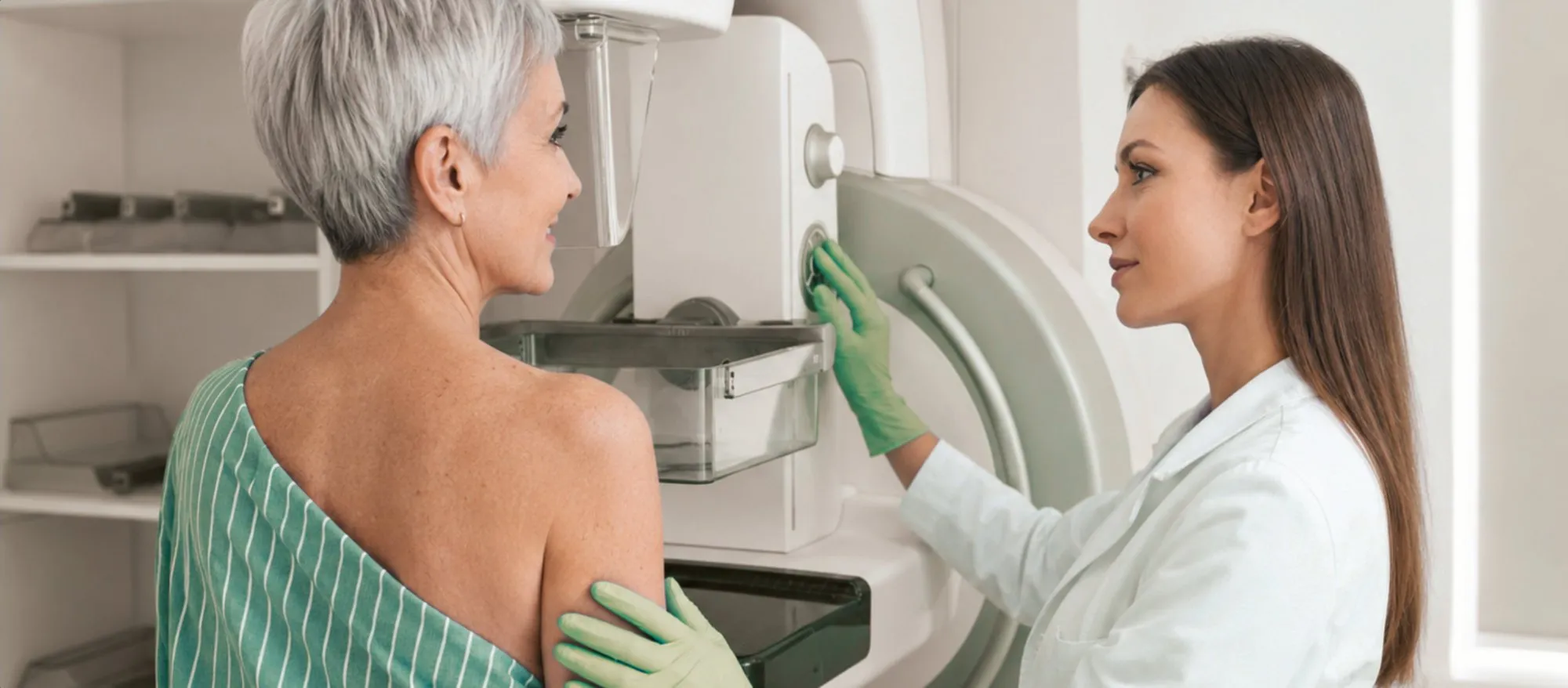 A mammography technologist positioning a patient at the imaging machine