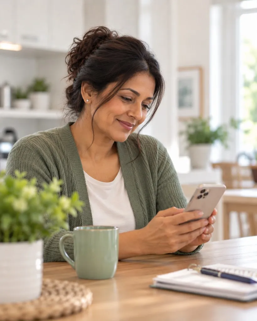 A woman at her kitchen table smiling as she reads a text on her phone