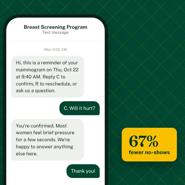 A phone showing a Breast Screening Program mammogram reminder and a patient reply