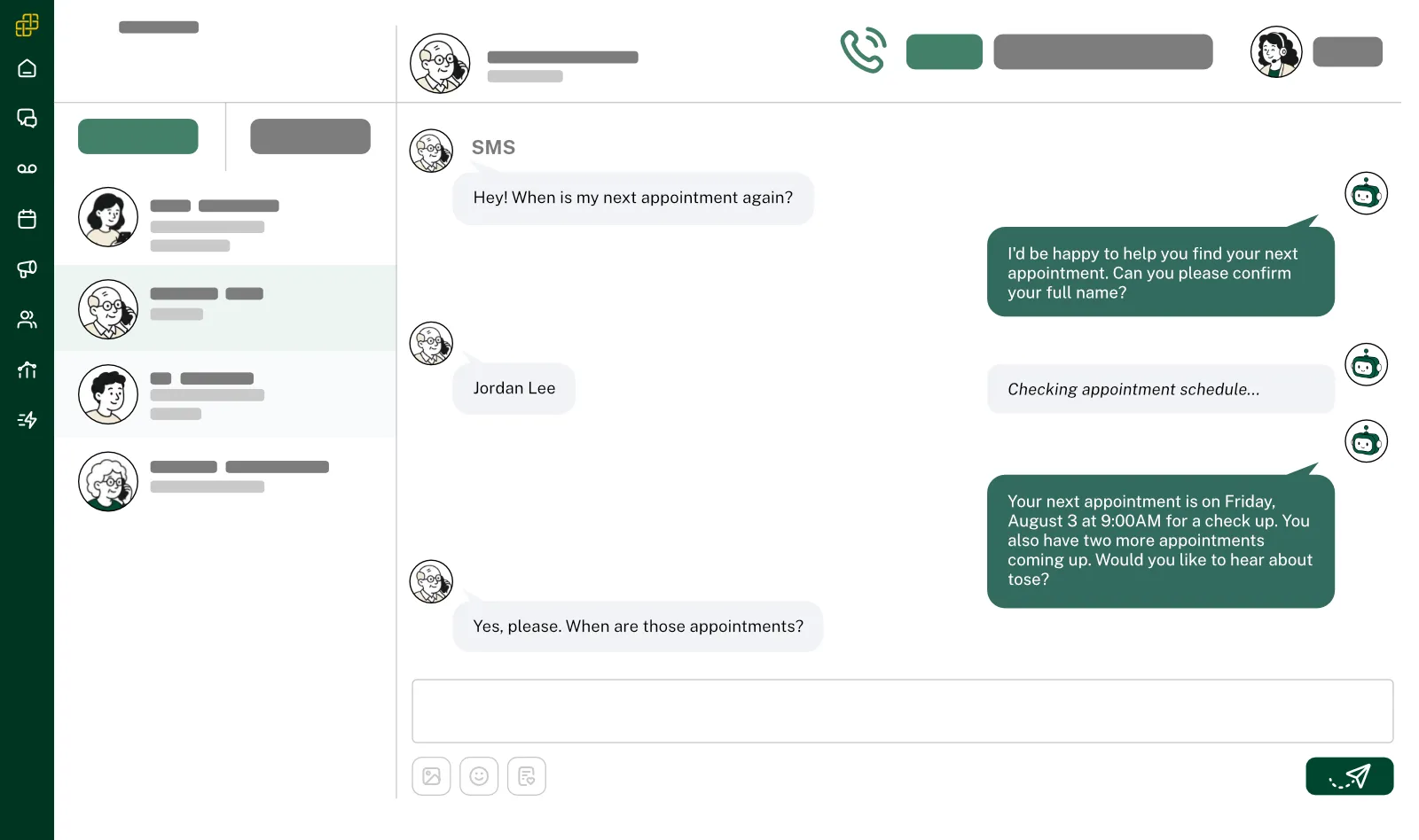 Carrick conversation view showing an AI agent helping a patient find upcoming appointments by SMS